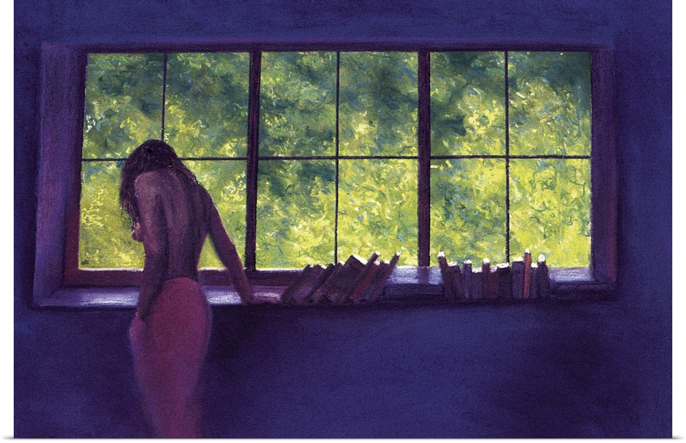 Contemporary artwork of a woman that you can only see the side and back of as she leans against a wide window with books s...