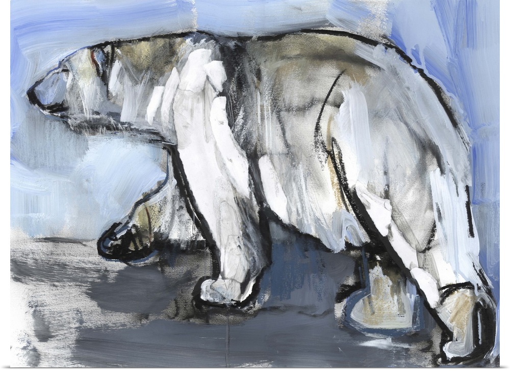 Contemporary artwork of a polar bear against a blue icy background.