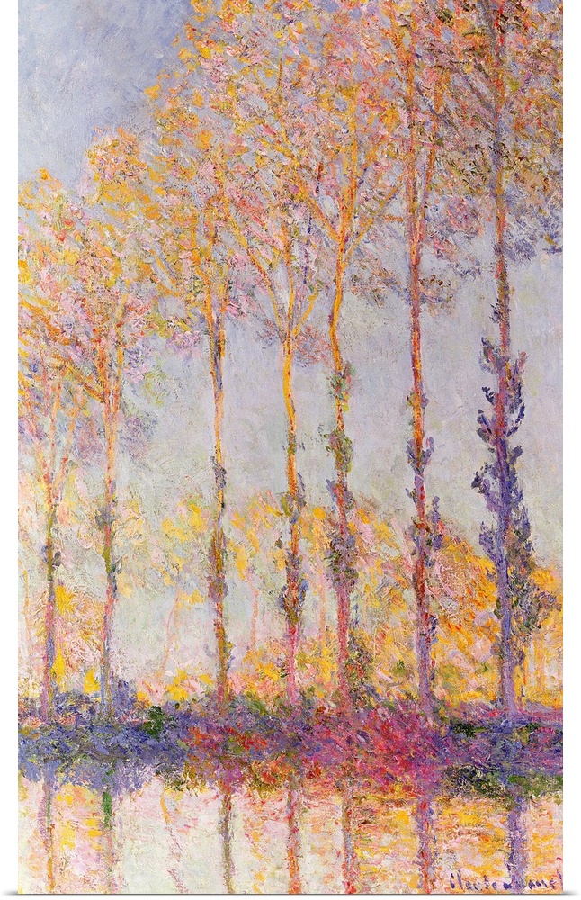 This Impressionist vertical panting makes use of a pastel color palette to capture the fading daylight on a row of trees g...