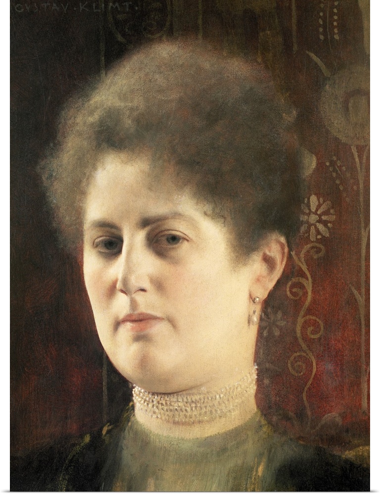 Classic piece of artwork that is a portrait of a woman in front of a red background that has floral designs.