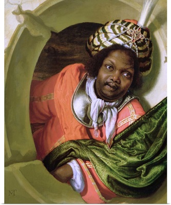 Portrait of a Moor holding a flag at a window