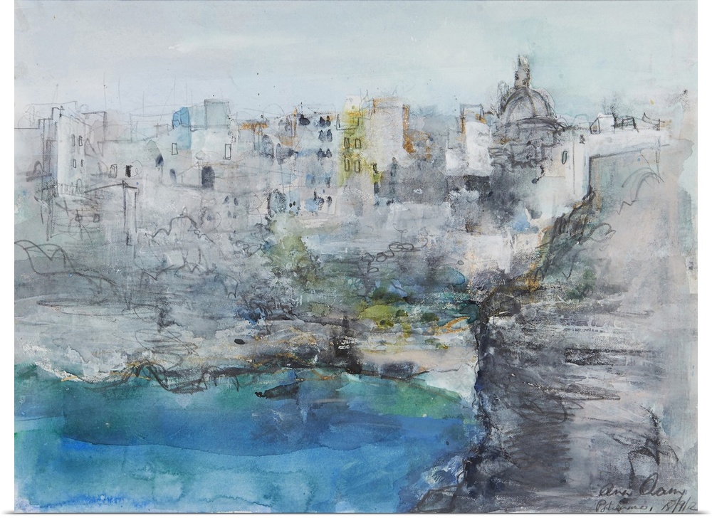 A beautiful abstract landscape painting of the Italian coastal town of Positano in muted blues and greys, accented with ch...