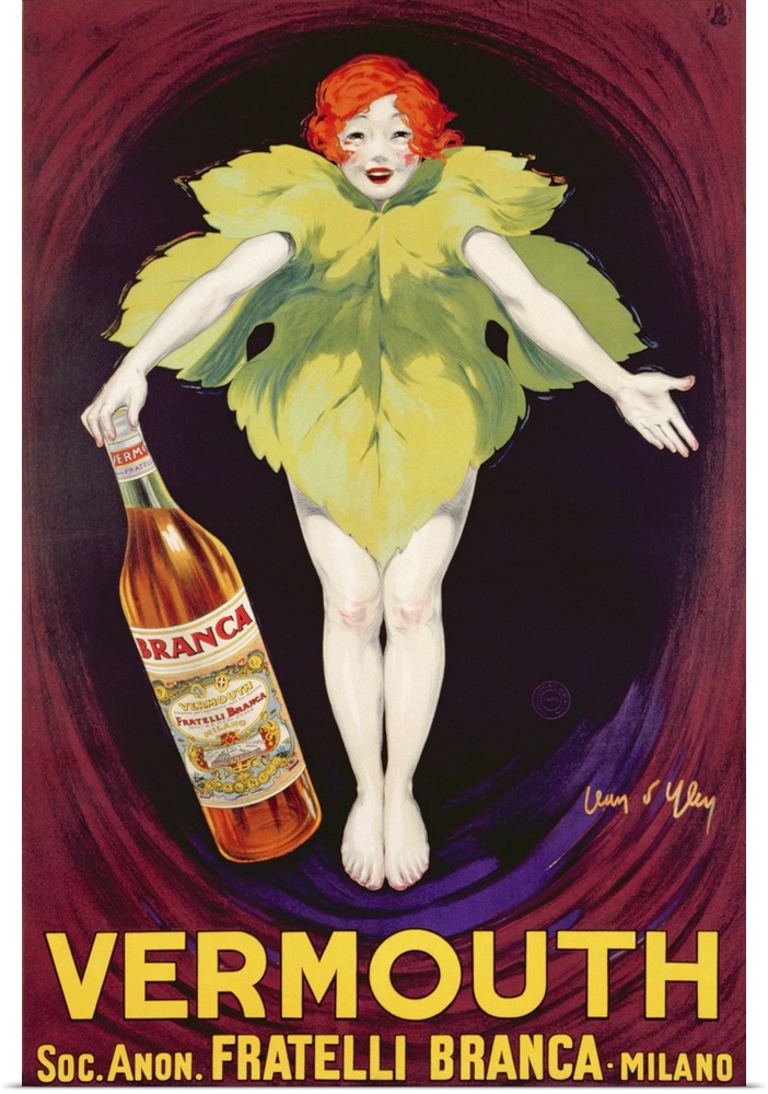 This vintage poster shows a woman wearing a life size leaf and holding a large bottle of vermouth.