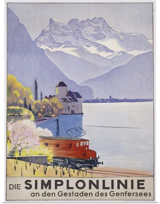 poster advertising rail travel around Lake Geneva, 1949