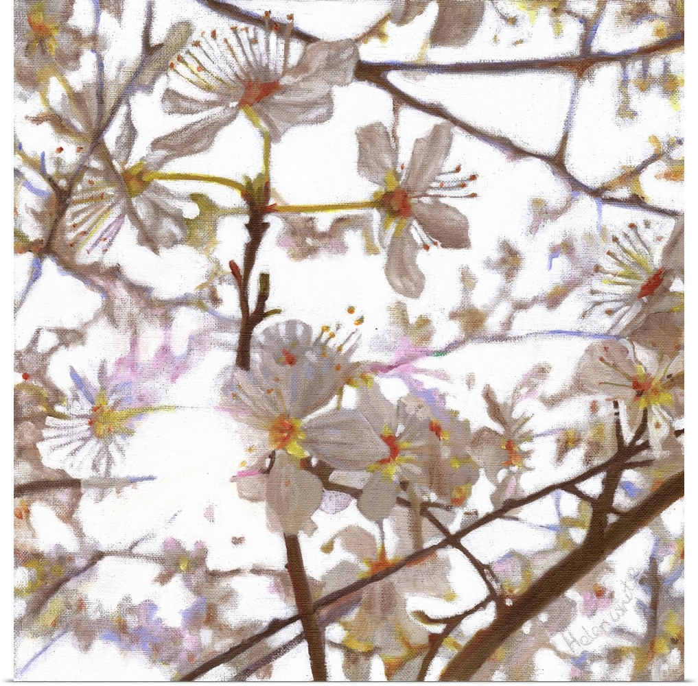 Contemporary painting of white flowers on the branches of a tree.