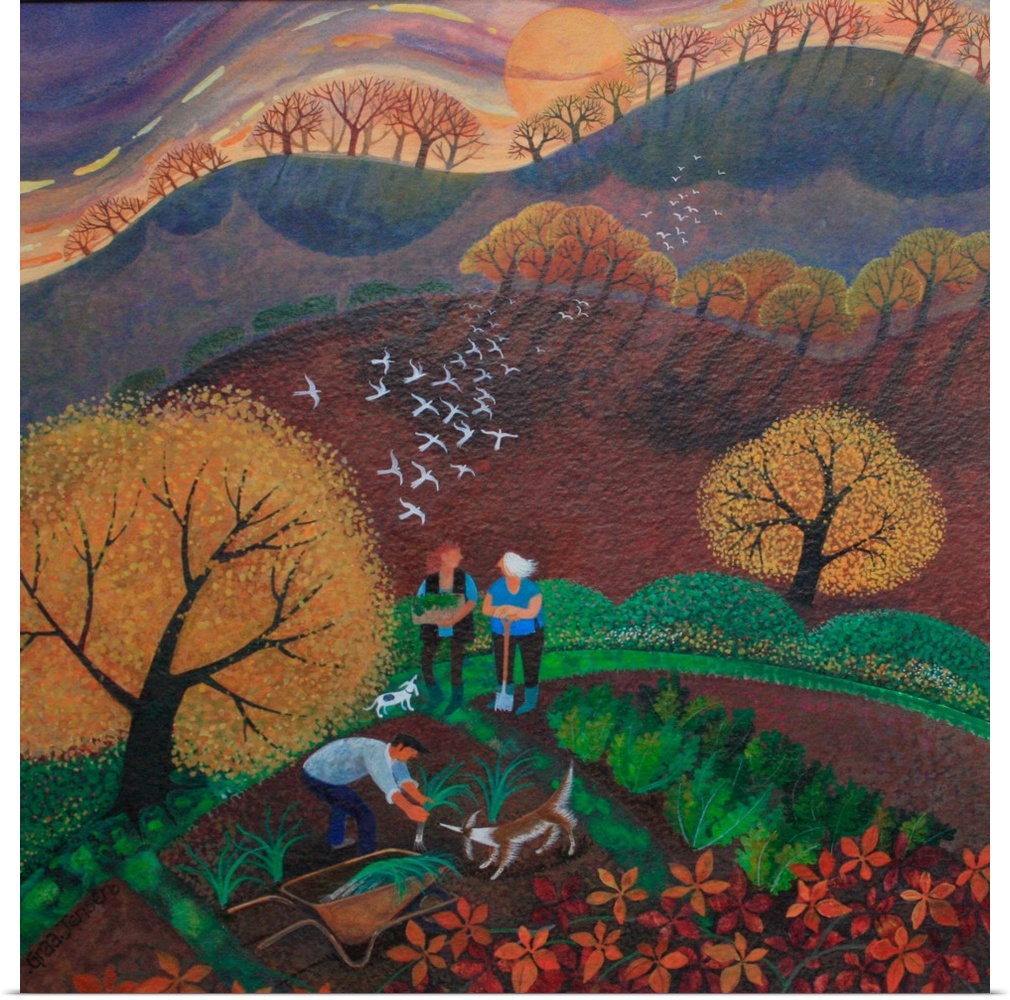Contemporary painting of farmers harvesting leeks in autumn.