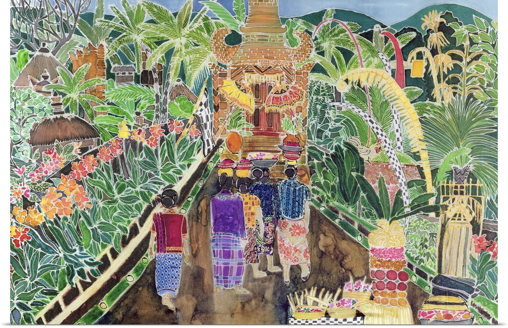 Contemporary painting of people talking to a temple, Indonesia.