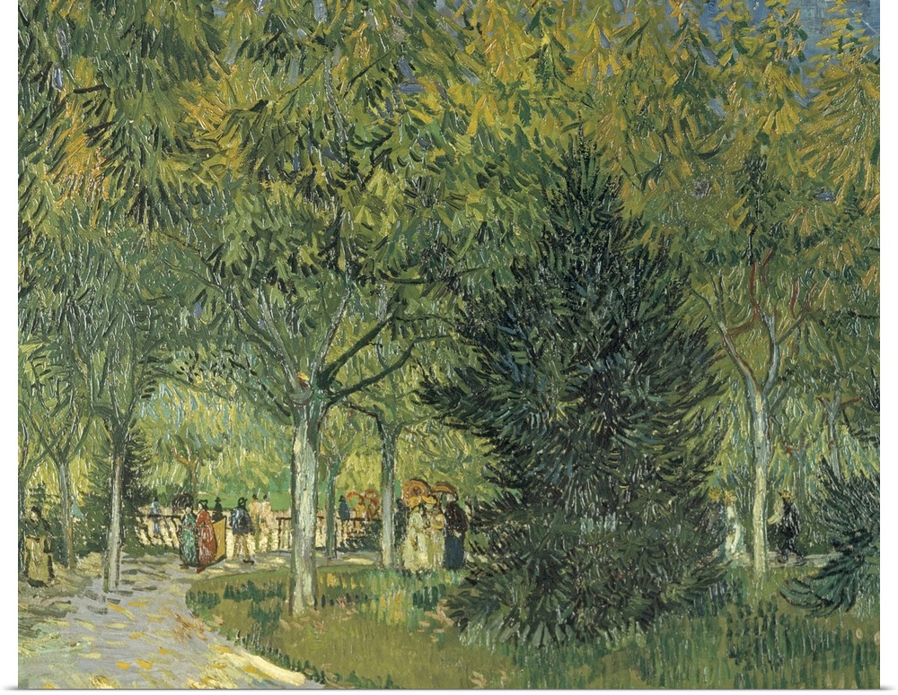 Classical painting of people taking a stroll down a winding path as the leafy trees create an archway above their heads.