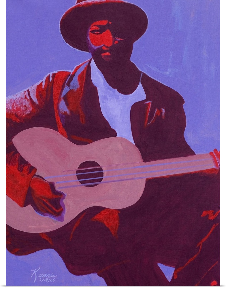 Contemporary artwork of a musician holding a guitar while sitting down. Half of his body is shadowed.