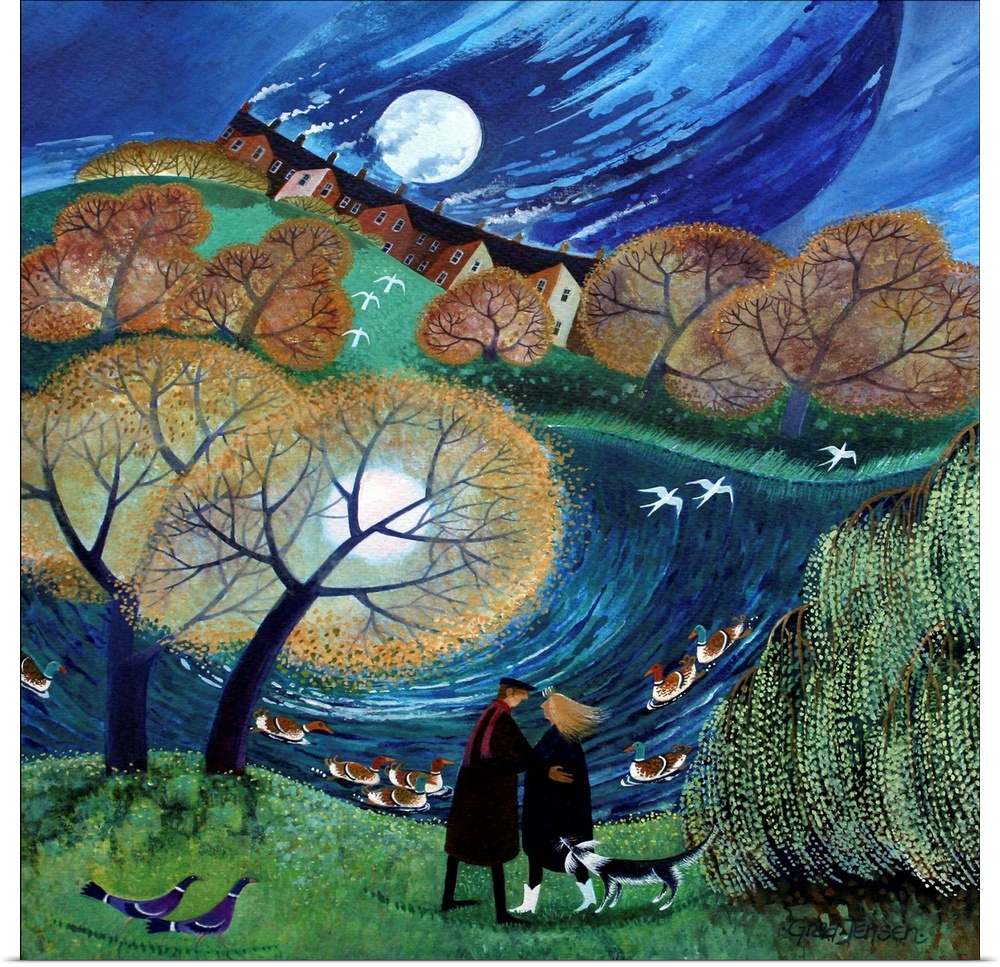 Contemporary painting of a couple standing beside a river at night.