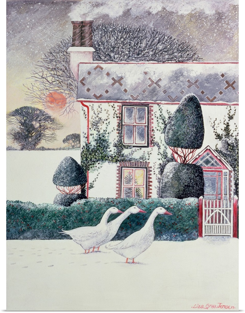 Contemporary painting of three geese in the snow outside a house.