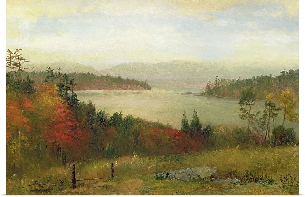 Painting of river surrounded by fall forest with mountains in the distance under a cloudy sky.