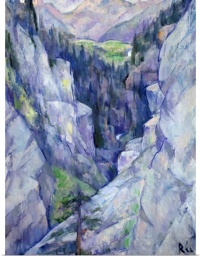 Giant classic art portrays an aerial view looking down the jagged rock faces of a mountain range scattered with trees as i...