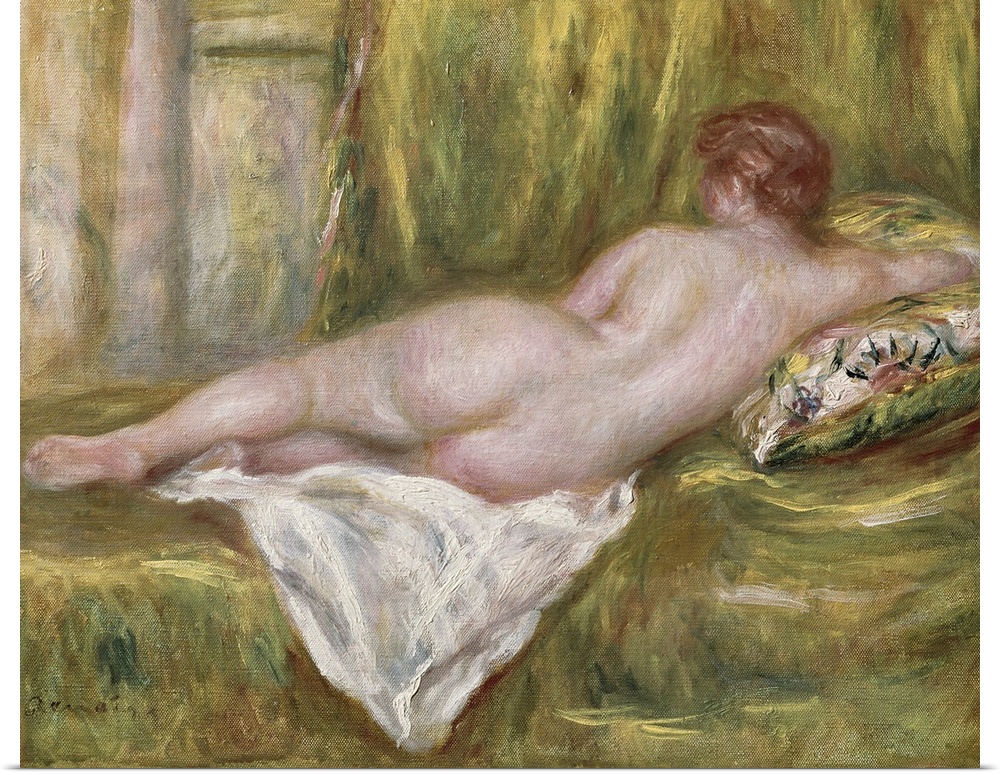 Landscape classic painting of the back of a nude woman as she lays on her side on a blanketed surface, he arm propped on a...