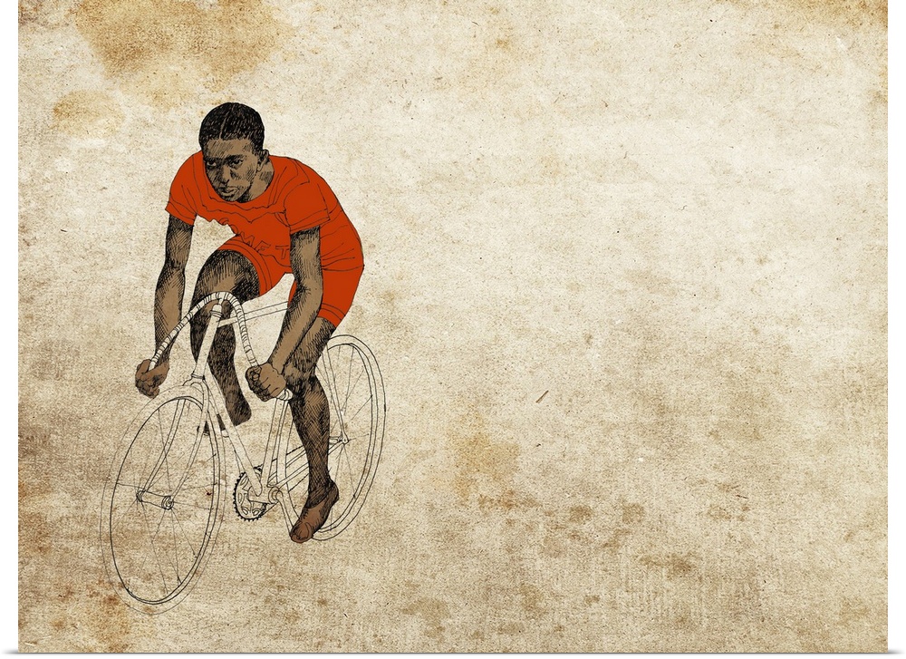 Contemporary illustration of a man on a bicycle against a weathered grungy background.