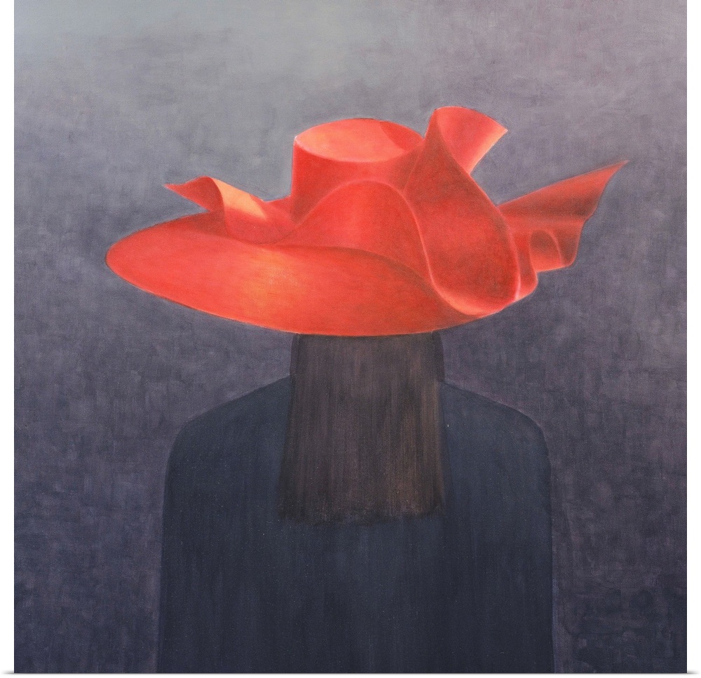 Contemporary painting of a woman wearing a bright red hat.
