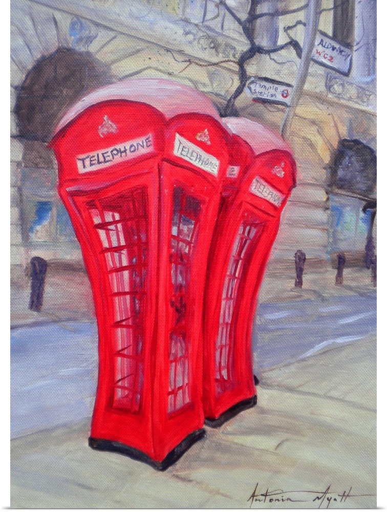 Large oil painting of two telephone booths in London with buildings and a street in the background.