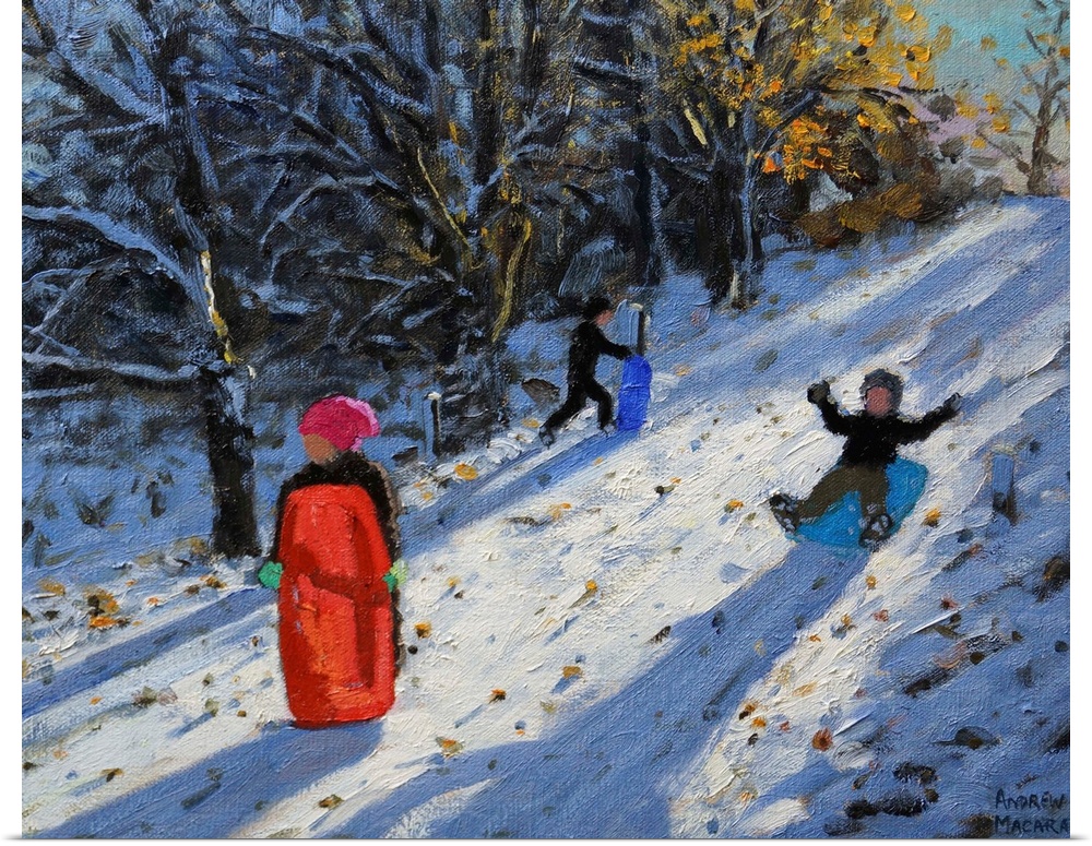Contemporary painting of children sledding down a hill in the snow.