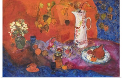 Red Still Life With White Jug And Fruit