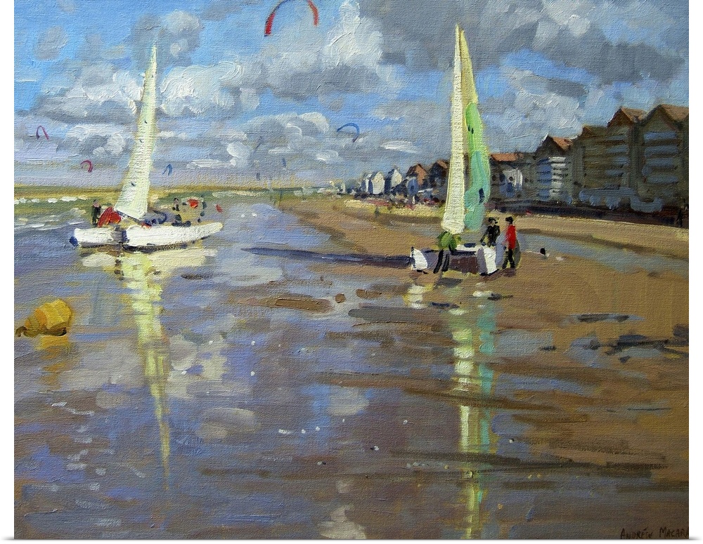 Piece of contemporary artwork that has two sail boats about to set off in the ocean. The beach is lined with houses to the...