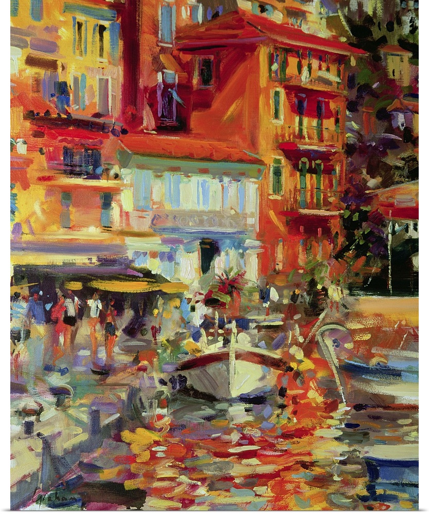 Artwork for the home or office with colorful buildings drawn in the background sitting on a river with boats standing in t...