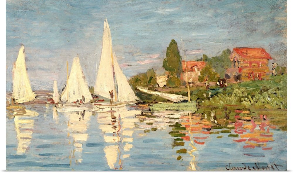 Classic painting of sail boats just off the shore in the water.  The shore is lined with trees and houses.  The sails of t...