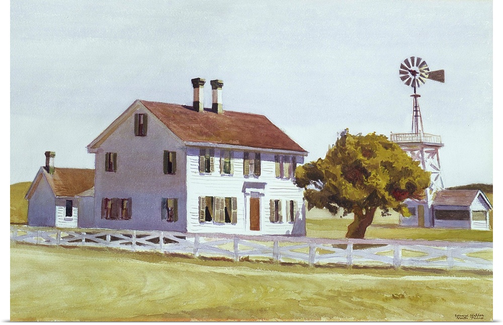 Painting of a white house with two chimneys in Cape Cod, Massachusetts with a single tree in the front yard and a windmill...