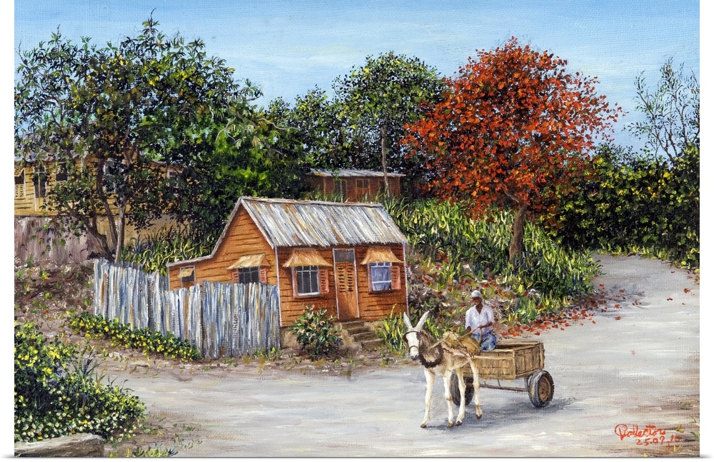 An oil painting of small huts surrounded by trees with a road in front that has a man being pulled in a cart by a mule.