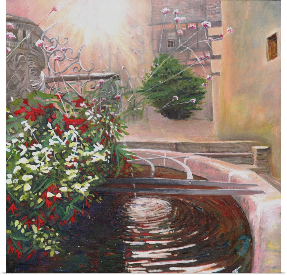 Contemporary painting of garden fountain.