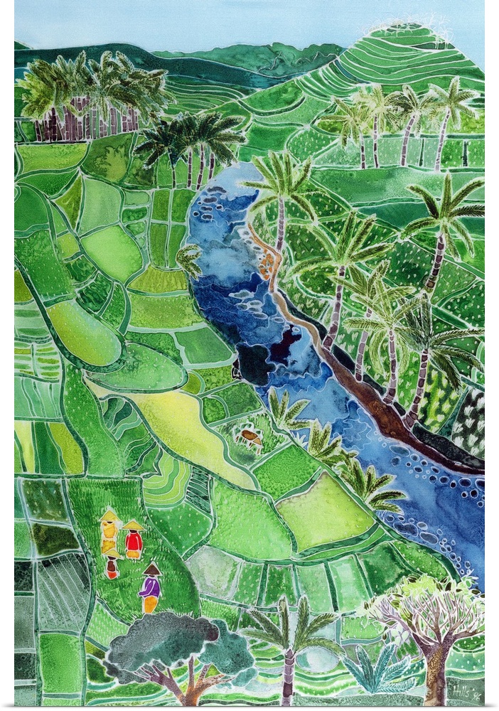 Contemporary painting of a river flowing through a valley of agricultural fields.