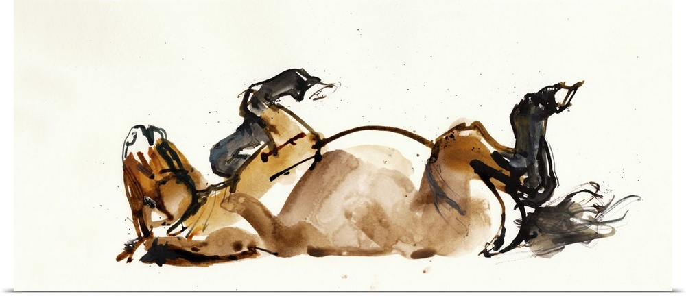 Contemporary painting of a Mongolian Przewalski horse rolling around on its back against a white background.