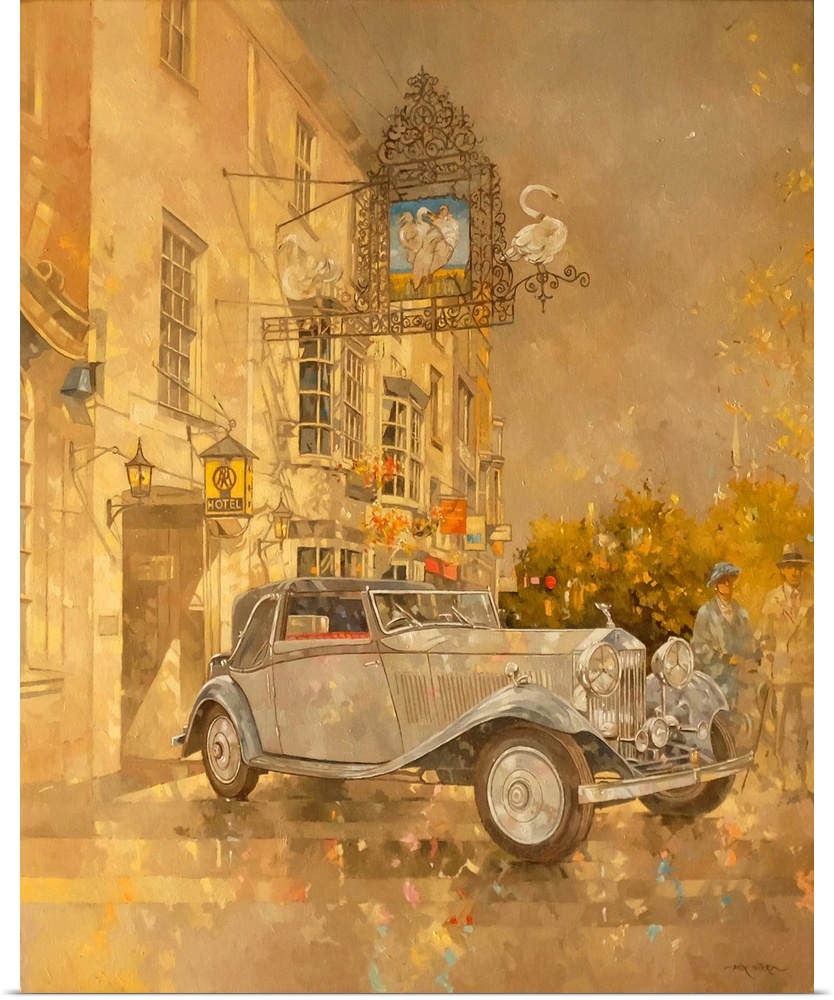 Rolls Royce outside the Swan Hotel, Market Harborough (originally w/c on paper) by Miller, Peter (1939-2014)