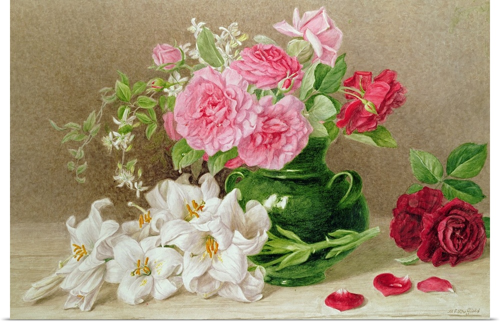 Traditional watercolor painting of flowers in a vase surrounded by additional flowers and petals sitting on a table.