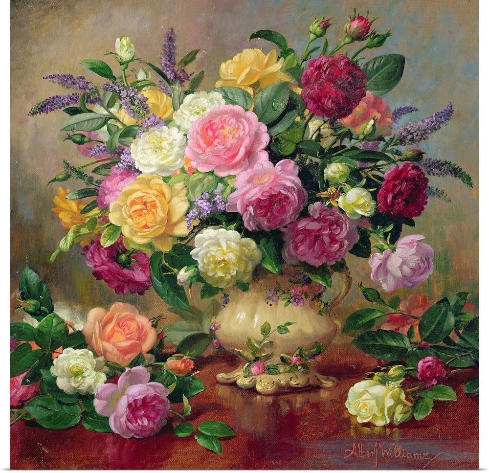Huge floral painting shows an arrangement of various colorful roses from a garden sitting in a vase and spread out on a ta...