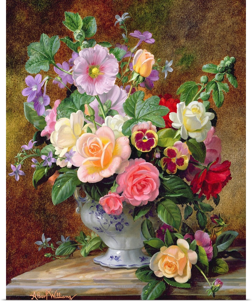 A colorful 17th century still life by a Flemish painter that shows of pansies and roses arranged in a porcelain vase.