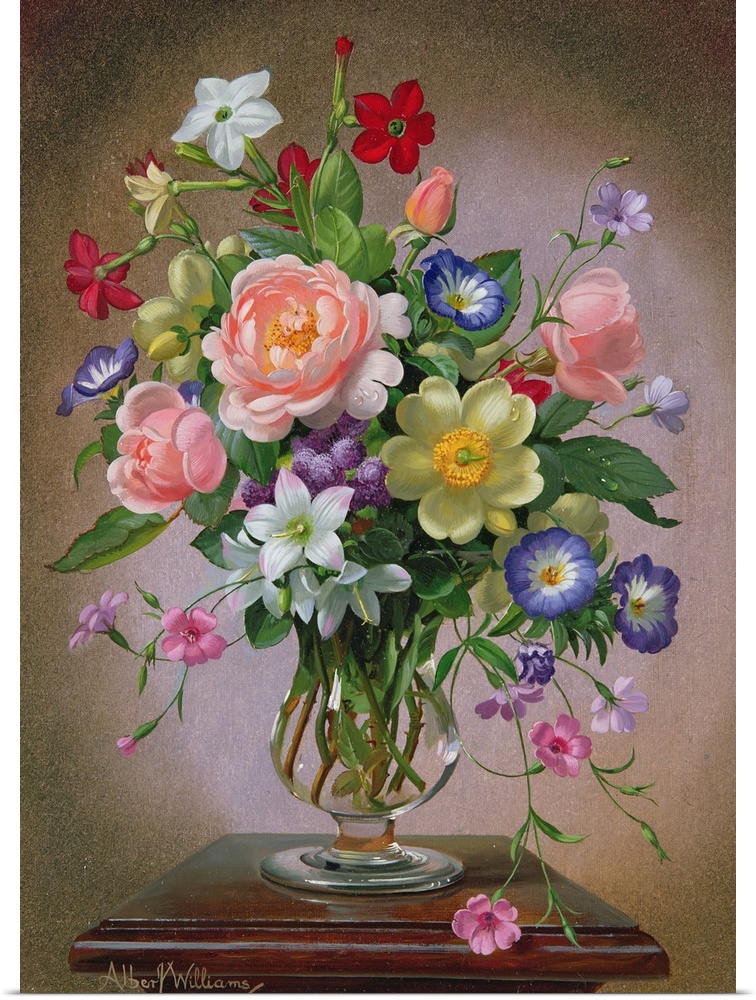 Roses, Peonies and Freesias in a glass vase
