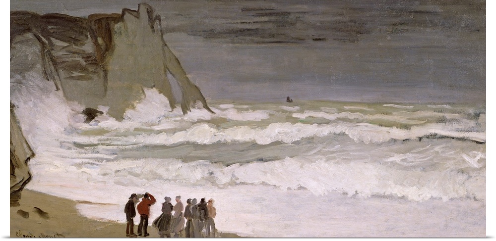 Painting of people standing at water's edge and watching the waves comes crashing in.