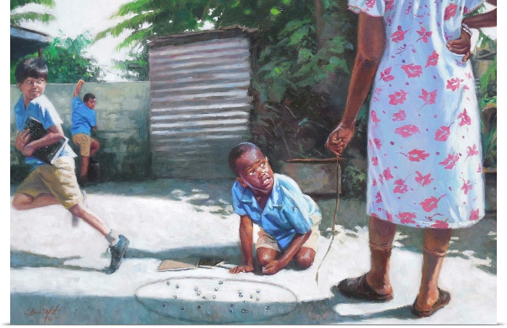 Contemporary painting of boys playing marbles in a courtyard.