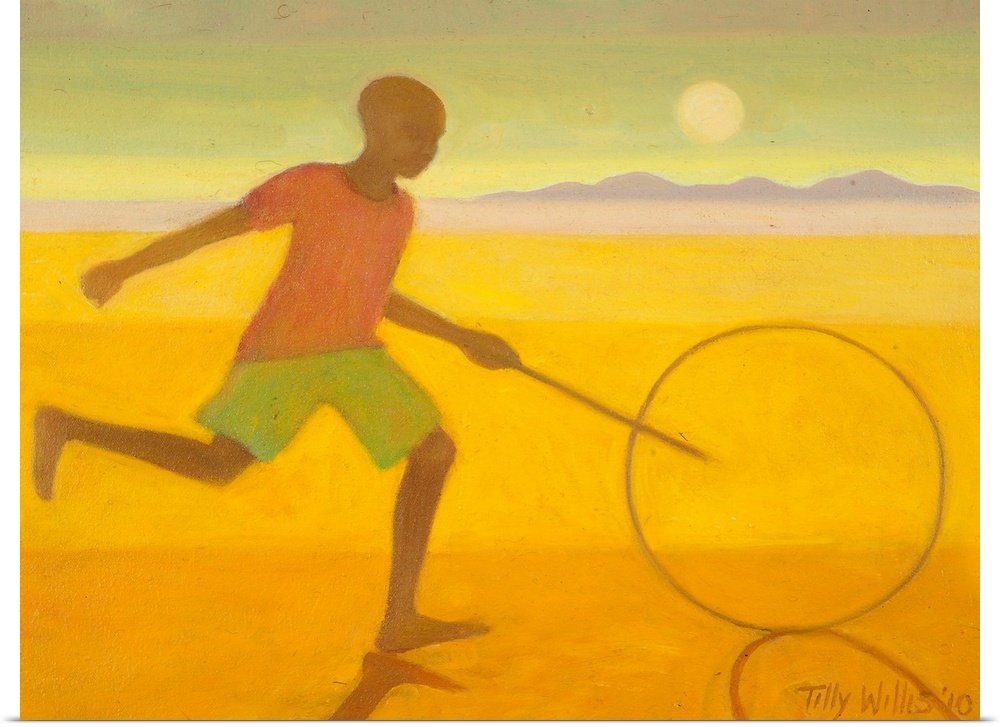Contemporary artwork of a boy running on the beach with a hoop and stick.