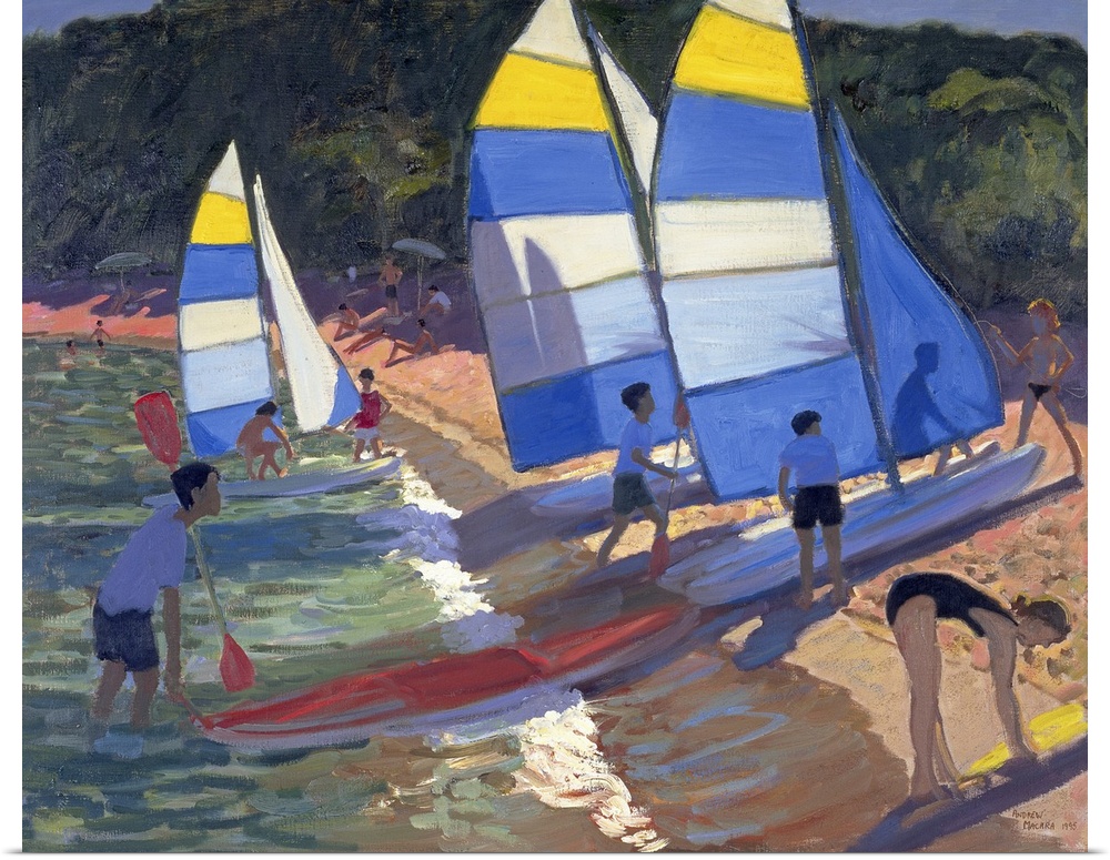 Horizontal, large wall painting of several groups of people pulling sailboats onto the shoreline, a large cliff in the bac...