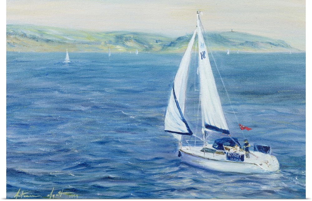 This landscape painting of a sailboat off the coast is decorative wall art for the home or office.