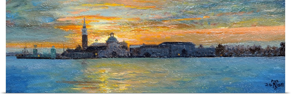 A large panoramic painting of buildings sitting on a lagoon in Italy. A sunset sky can be seen behind them.