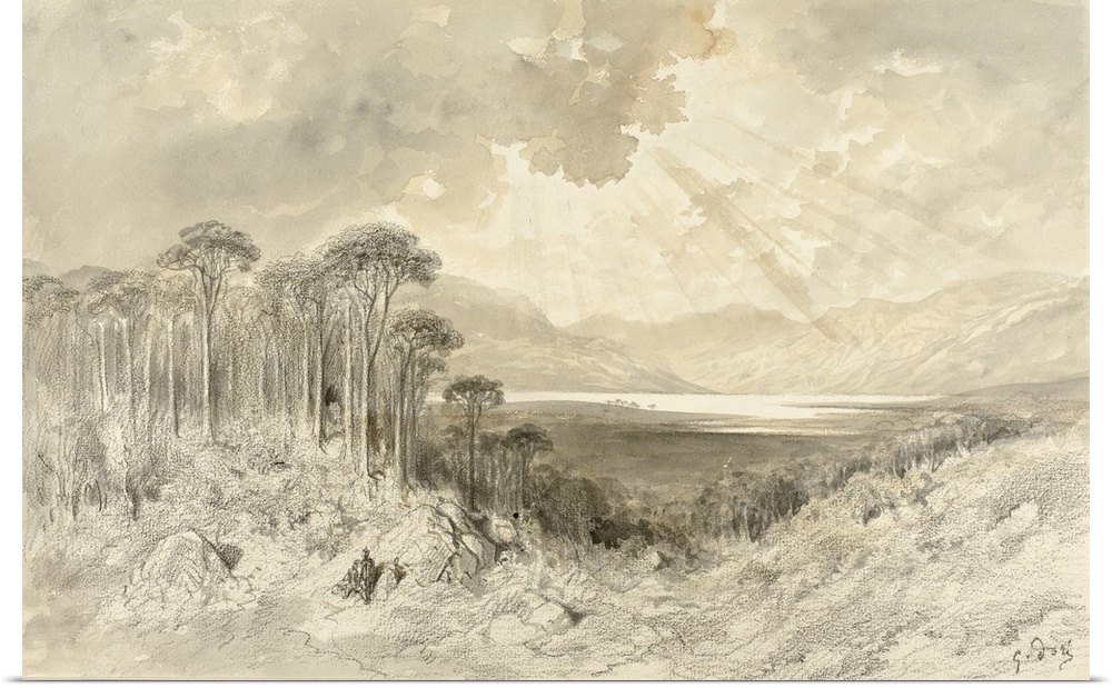 Scottish landscape, 1873, black crayon and brush and brown and grey wash, with touches of pen and black ink, on cream laid...