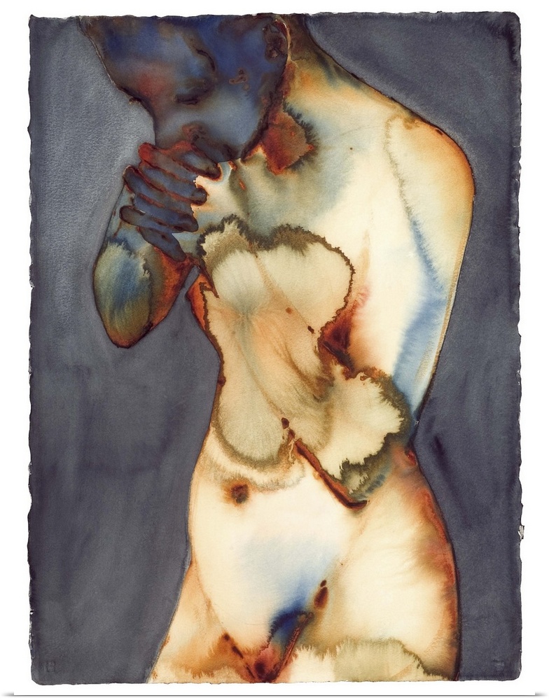 Contemporary painting of a nude figure standing against a gray background.