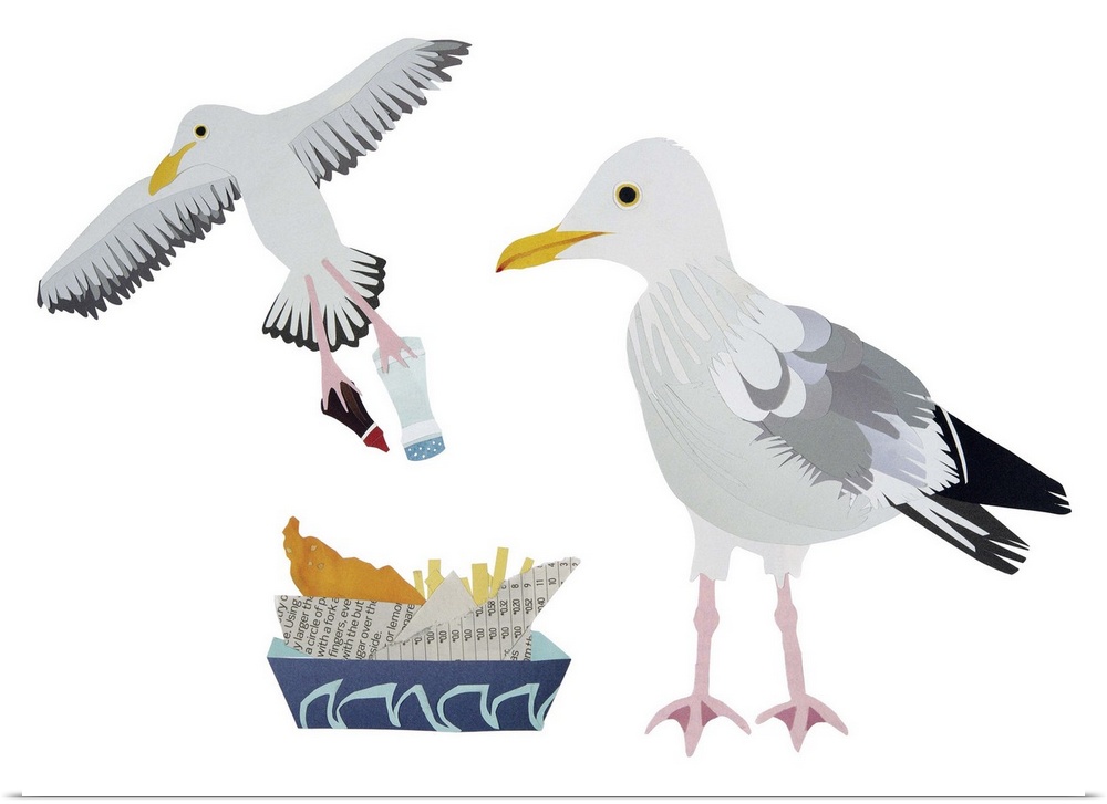 Contemporary paper cut illustration of a gull against a white background, with a flying gull stealing food from a basket.
