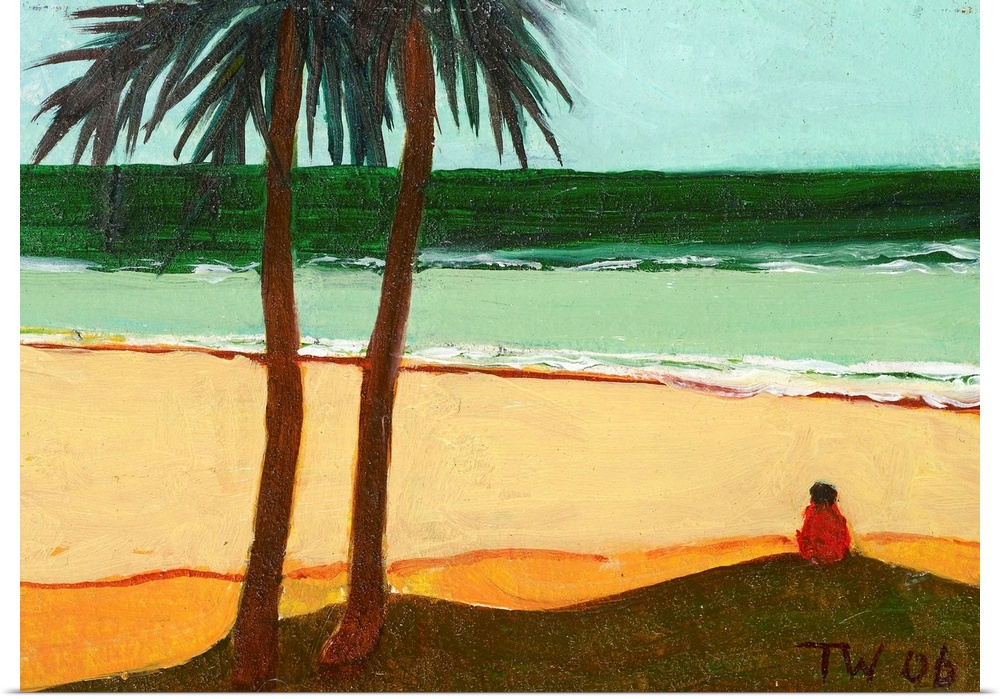 Contemporary painting of a figure on a beach by the coast next to two palm trees.