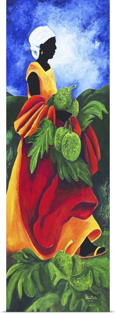 Contemporary painting of a woman collecting breadfruit.