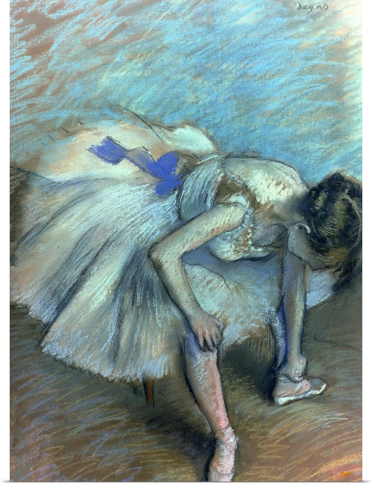 Artwork of ballet dancer massaging her ankle.