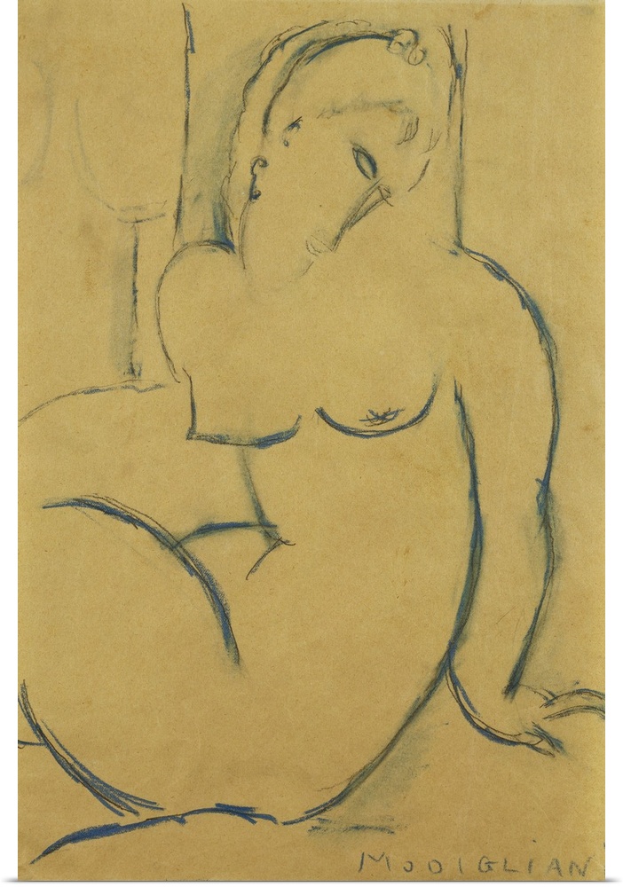 CH378366 Seated Woman, 1914 (blue coloured pencil & pencil on brown paper) by Modigliani, Amedeo (1884-1920); 35.5x22.3 cm...