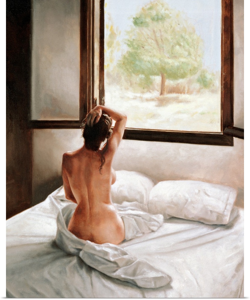 An oil painting of a nude woman sitting up in bed with only a view of her back looking out a large window at a tree in the...
